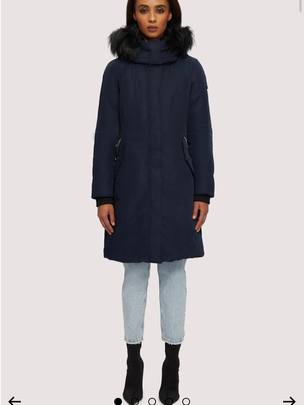 Navy mid length parka with faux fur